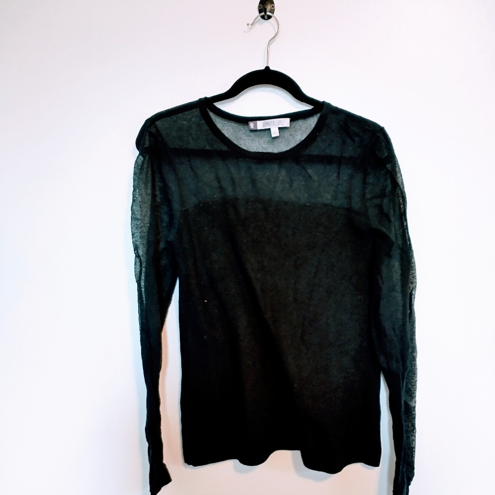 Jennifer Lopez black long sleeve top with illusion neckline and sheer sleeves si
